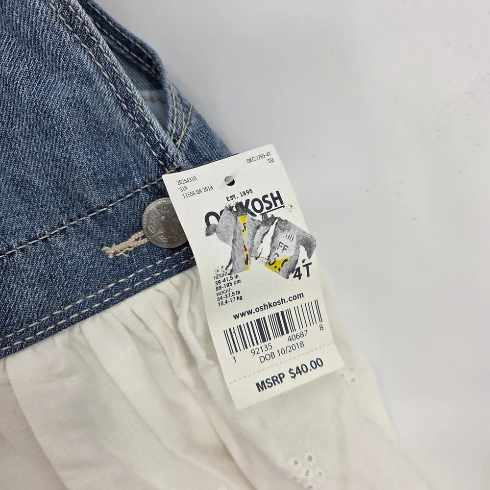 OshKosh B'gosh Girls Denim Ruffle Eyelet Sundress Overalls Dress 4T‎ New